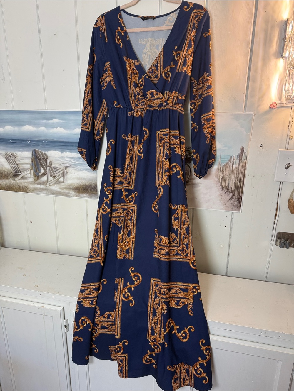 SHEIN Navy and Gold Baroque Print Maxi Dress